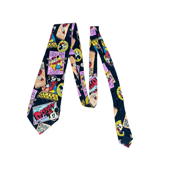 Vtg Mickey Inc Novelty Neck Tie Silk Mickey Mouse Hong Kong Poster Design - Picture 2 of 5